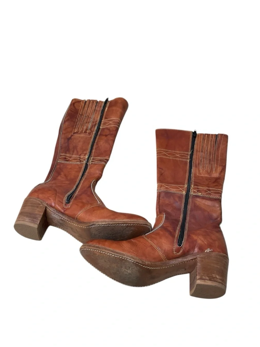 Vintage Brown Leather Knee High Boots Size 8 Side Zip Western